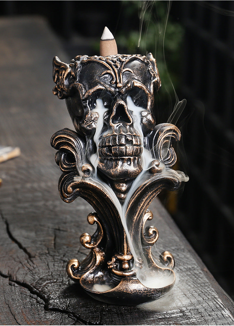 (Without Incense) Creative Resin Handicrafts Skull Backflow Incense Burner Home Ornament Halloween Decorations