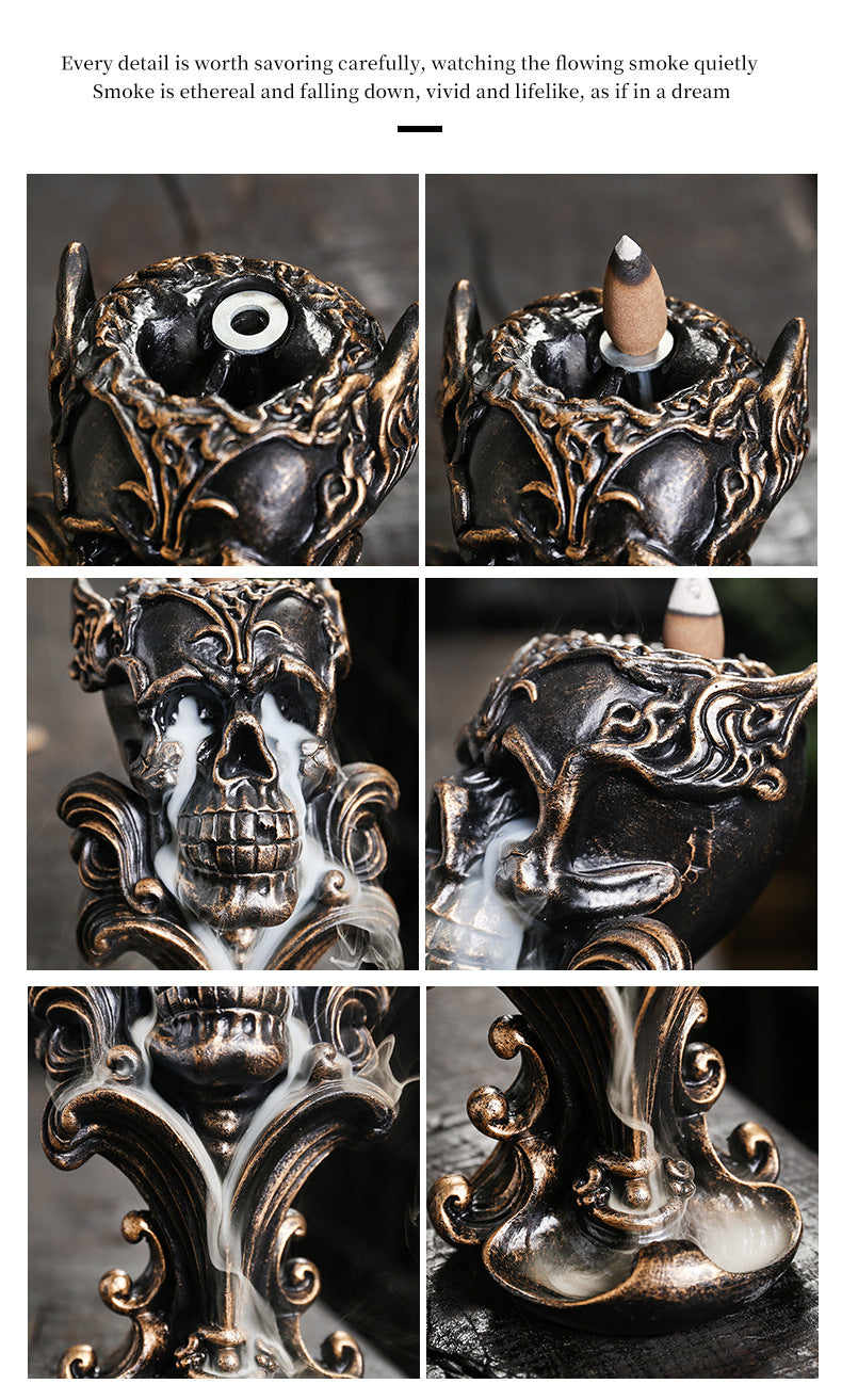 (Without Incense) Creative Resin Handicrafts Skull Backflow Incense Burner Home Ornament Halloween Decorations