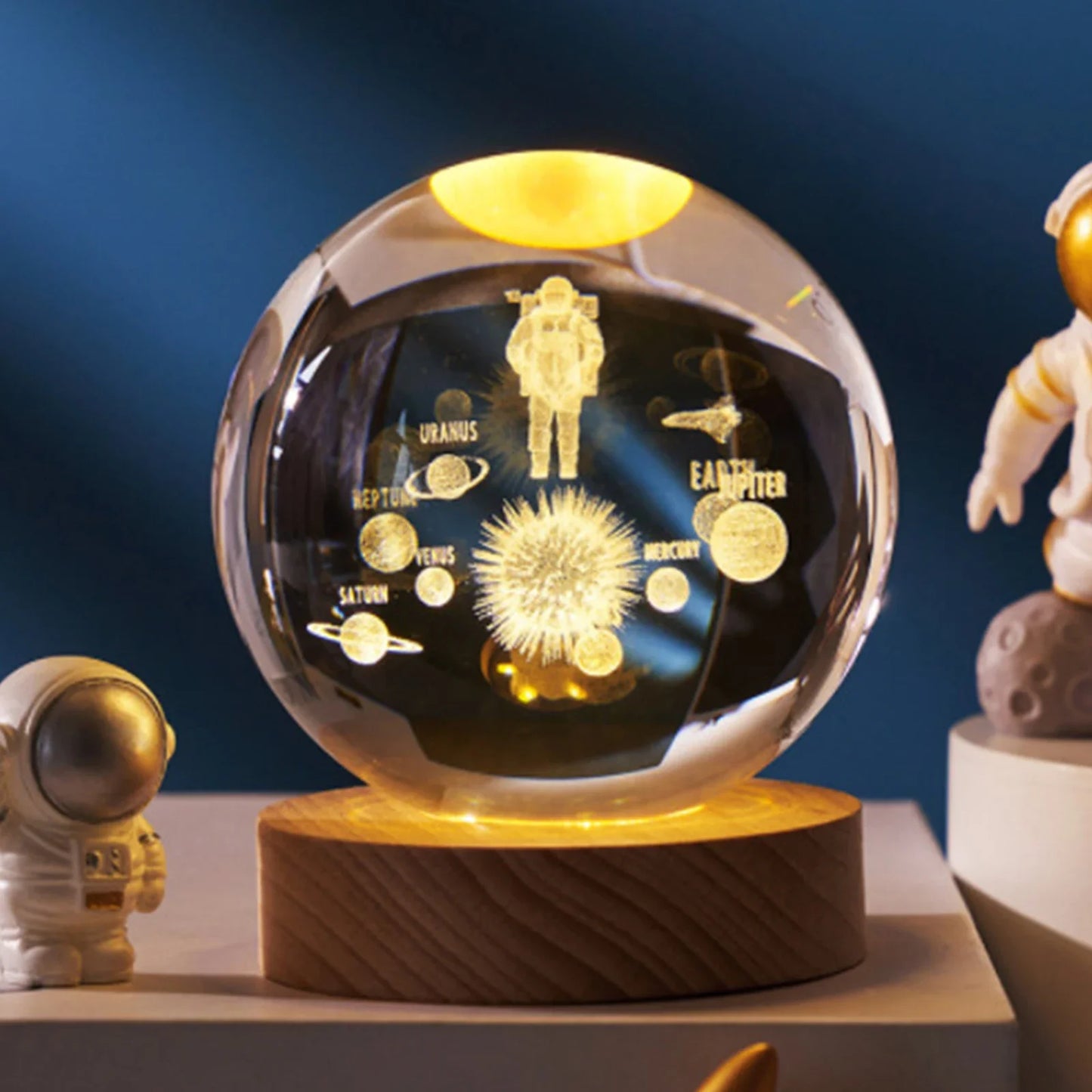 3D Moon Crystal Ball Night Lights Glowing Planet Galaxy Astronaut Solar System Laser Carving Crystal Ball Lighting Birthday Gift