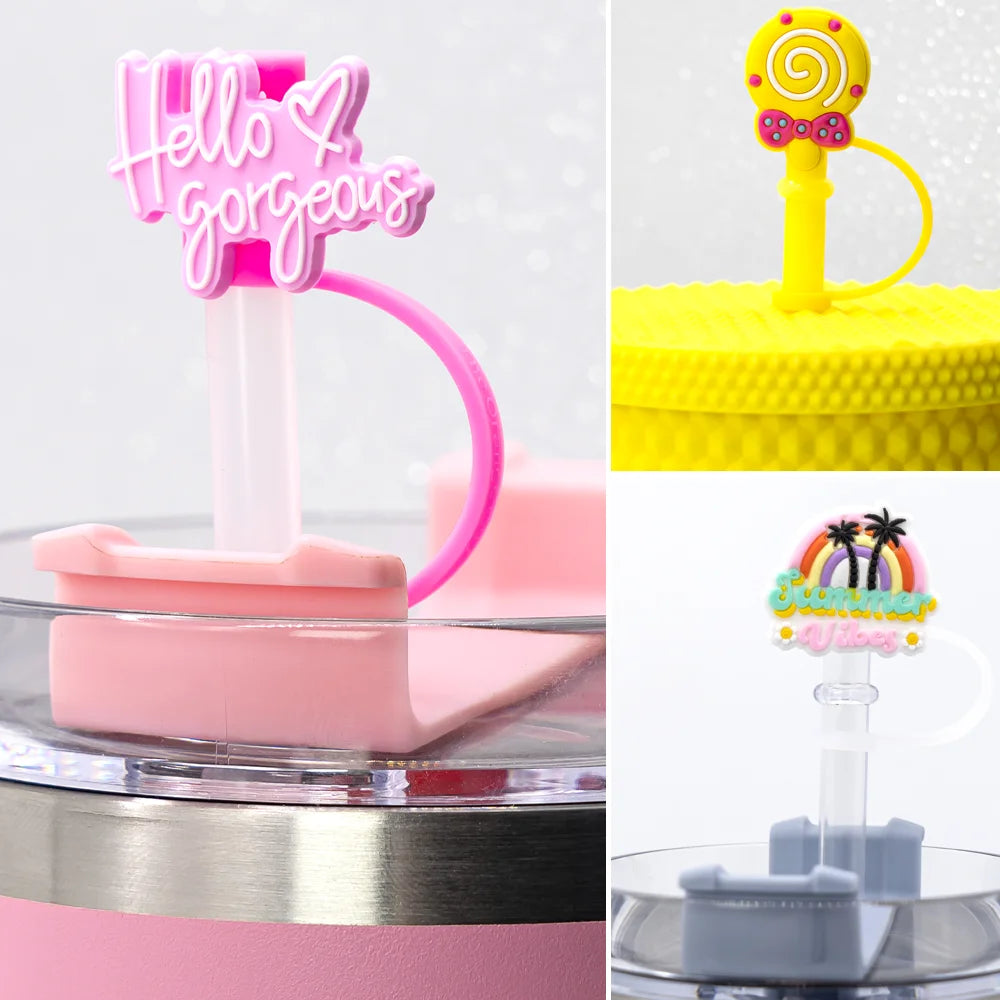 1/12PCS Cute Fruit Straw Topper Decoration,8mm Straw Cover Cap Silicone Rainbow Drinkware Dustproof Plug,Anti Stuffing Straw Tip