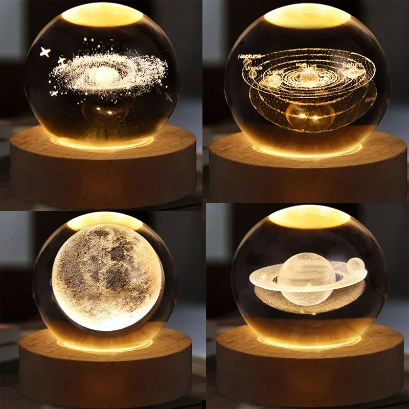 3D Moon Crystal Ball Night Lights Glowing Planet Galaxy Astronaut Solar System Laser Carving Crystal Ball Lighting Birthday Gift