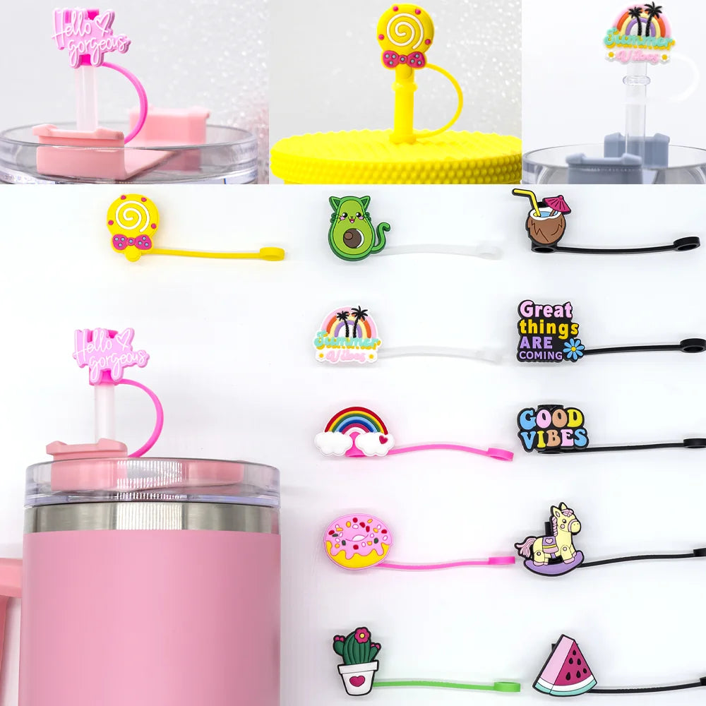 1/12PCS Cute Fruit Straw Topper Decoration,8mm Straw Cover Cap Silicone Rainbow Drinkware Dustproof Plug,Anti Stuffing Straw Tip