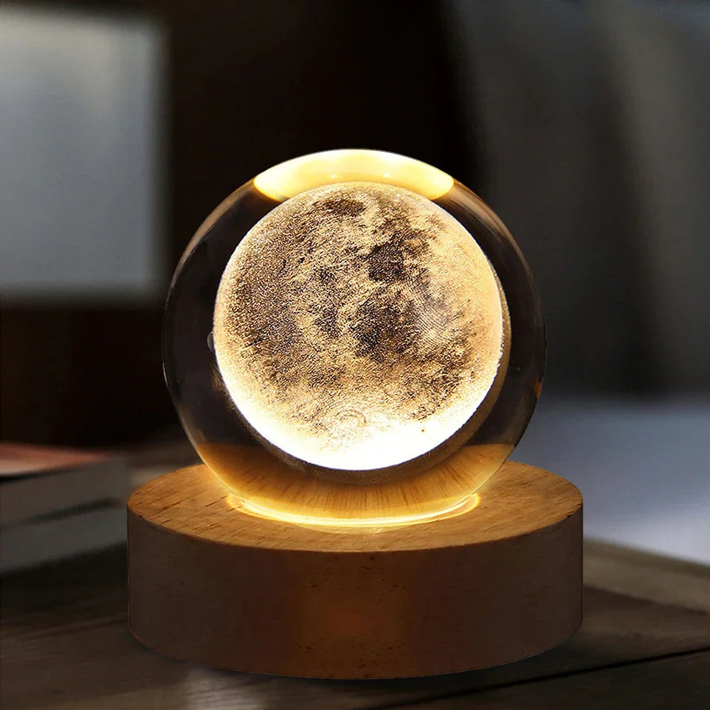 3D Moon Crystal Ball Night Lights Glowing Planet Galaxy Astronaut Solar System Laser Carving Crystal Ball Lighting Birthday Gift