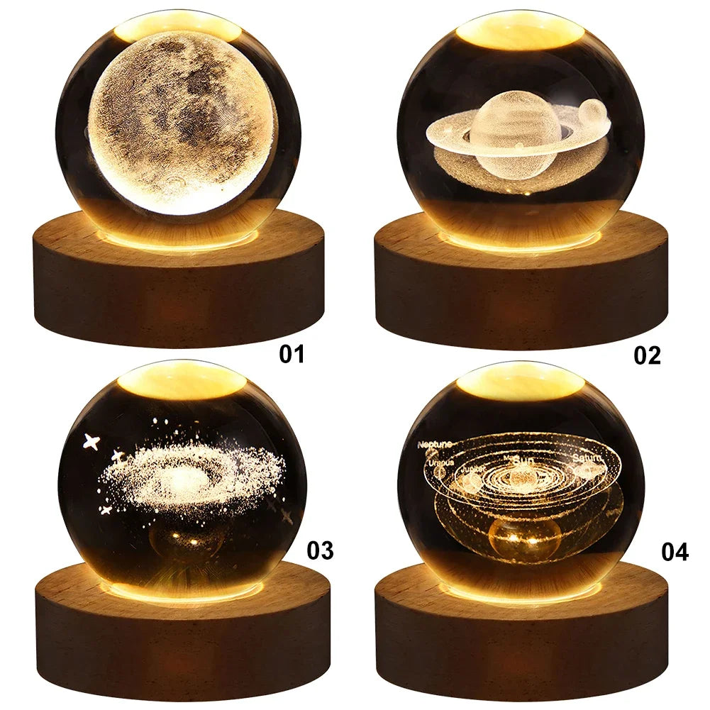 3D Moon Crystal Ball Night Lights Glowing Planet Galaxy Astronaut Solar System Laser Carving Crystal Ball Lighting Birthday Gift